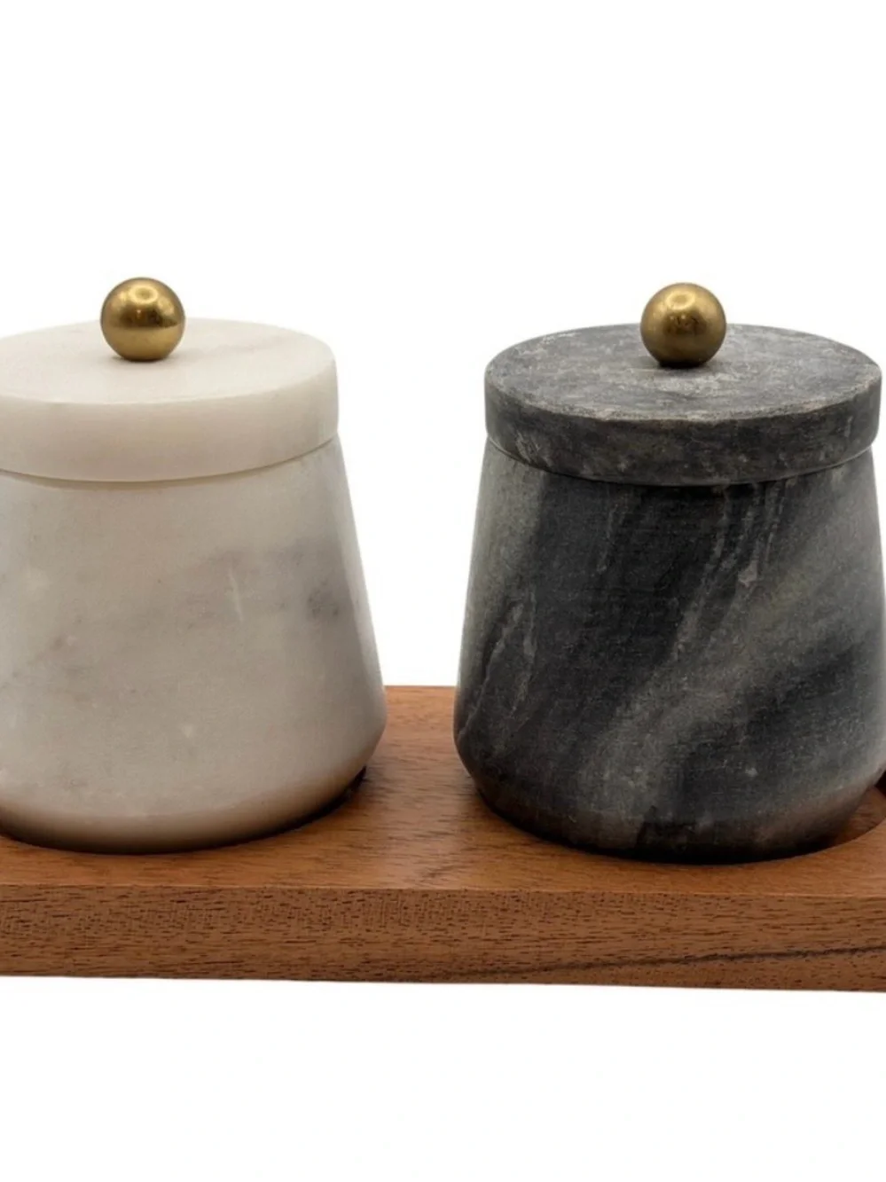 Marble Salt and Pepper Jars with Gold Spoons and Wooden Tray - White & Gray